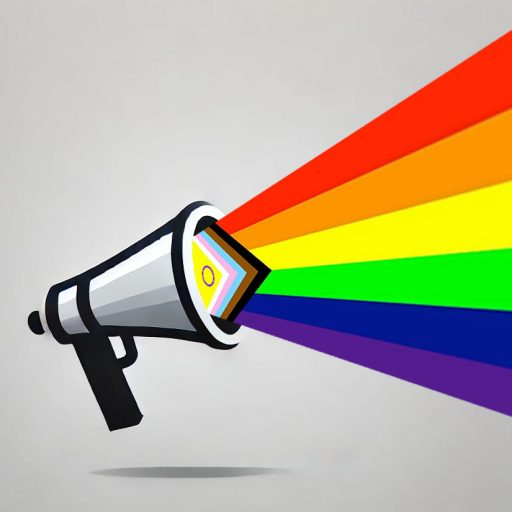 An illustraion of a progress pride flag emanating from a megaphone.