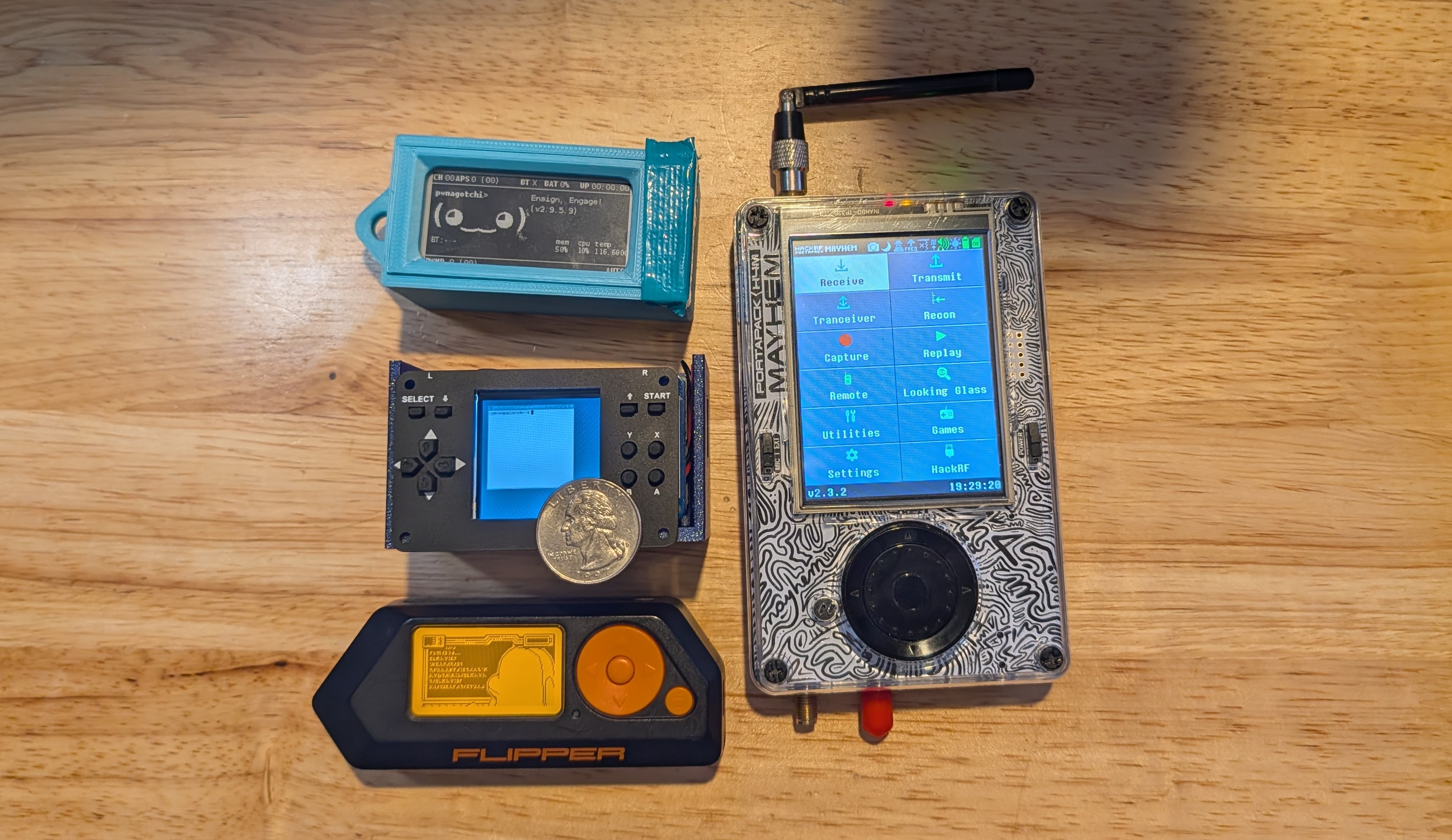 Current travel kit with pwnagotchi, Flipper Zero, HackRF Portapack H4M, and new micro-cyberdeck